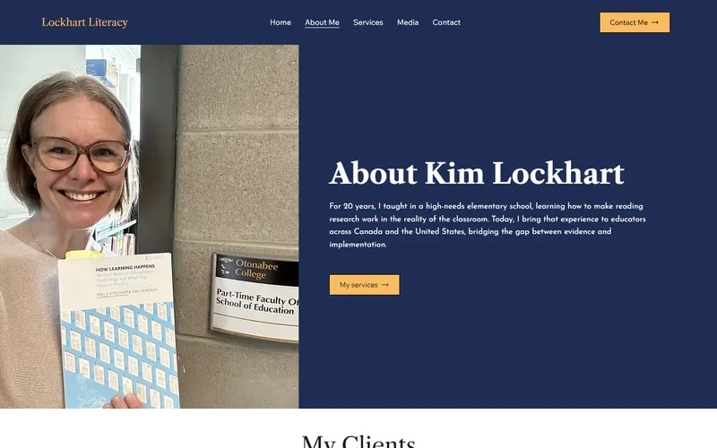 The Lockhart Literacy About page, showing Kim holding a book outside her Otonabee College School of Education faculty office.
