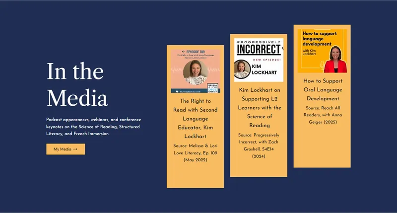 The homepage's In the Media section, three gold cards for Kim's podcast appearances on Melissa & Lori Love Literacy, Progressively Incorrect, and Reach All Readers.