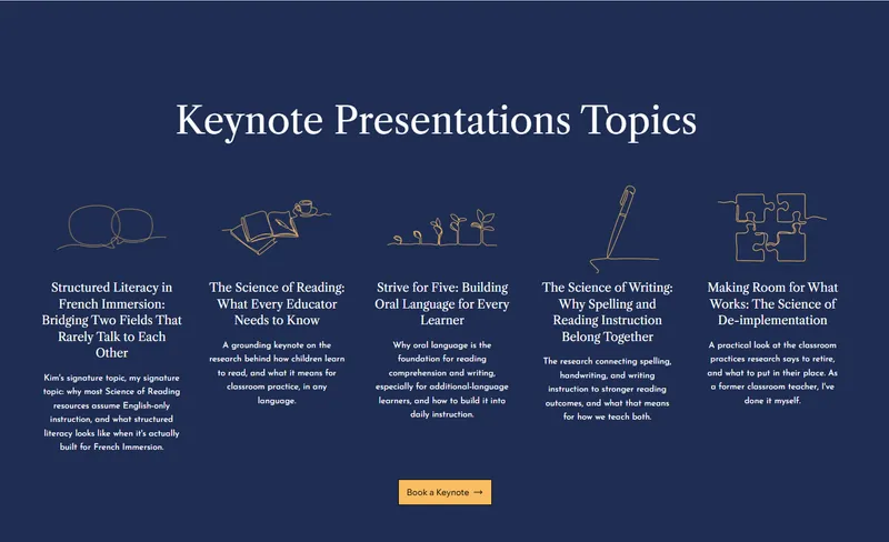 The Services page's Keynote Presentations Topics section, five line-drawn icons over Kim's keynote titles, led by Structured Literacy in French Immersion.