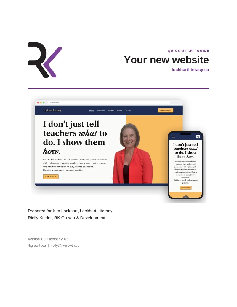 The cover of the Lockhart Literacy quick-start guide, showing the new site on a laptop and a phone, prepared for Kim Lockhart by RK Growth & Development.