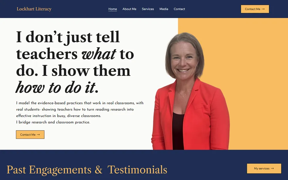 The Lockhart Literacy homepage, showing Kim Lockhart in a red blazer beside the headline "I don't just tell teachers what to do. I show them how to do it."
