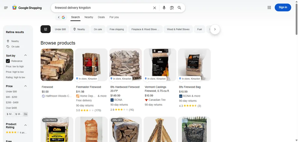 A real Google Shopping results page for a firewood search, showing product photos, prices, and retailer names side by side.
